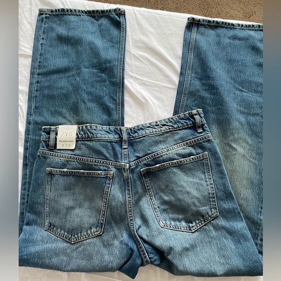 Zara Mid Rise TRE Loose Fit Long straight leg Jeans Blue size 32 US 10 NWT - Picture 13 of 16